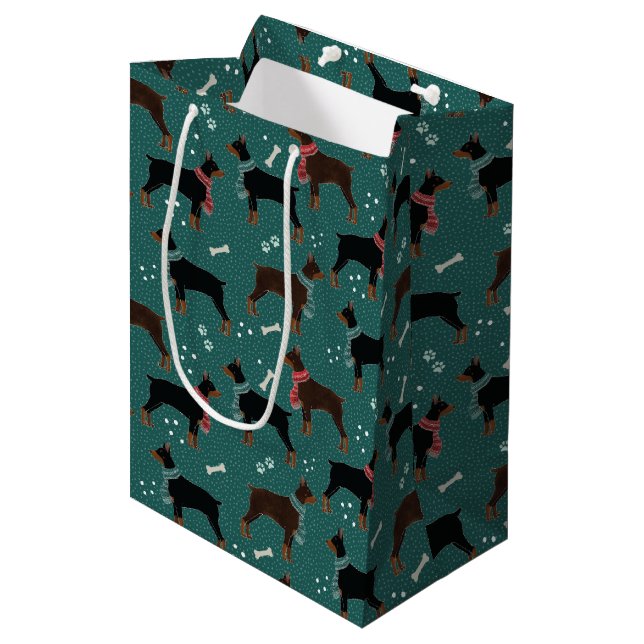 Red & Black Dobermans in Scarves Winter Pattern Medium Gift Bag (Front Angled)