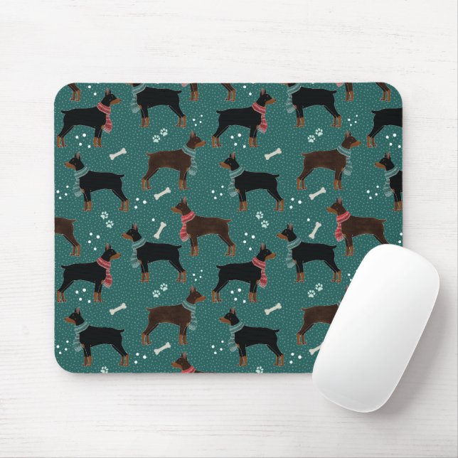 Red & Black Dobermans in Scarves Winter Pattern Mouse Pad (With Mouse)