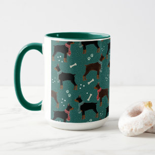 Red & Black Dobermans in Scarves Winter Pattern Mug