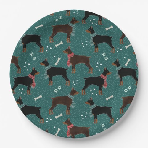 Red  Black Dobermans in Scarves Winter Pattern Paper Plates