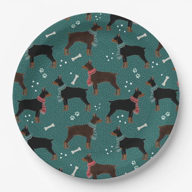 Red & Black Dobermans in Scarves Winter Pattern Paper Plates (Front)