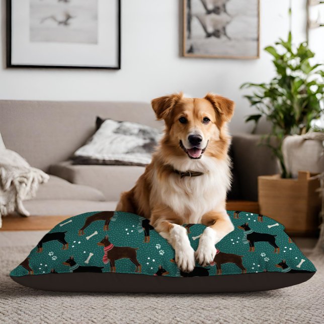 Red & Black Dobermans in Scarves Winter Pattern Pet Bed (Red & Black Dobermans Dog Pillow with customizable background colour)