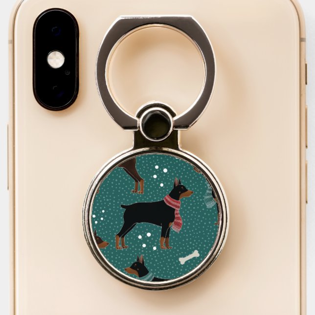 Red & Black Dobermans in Scarves Winter Pattern Phone Ring Stand (Close Up)