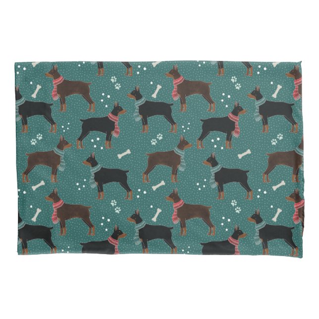 Red & Black Dobermans in Scarves Winter Pattern Pillow Case (Front)