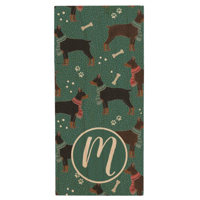 Red & Black Dobermans in Scarves Winter Pattern Wood Flash Drive (Front Vertical)