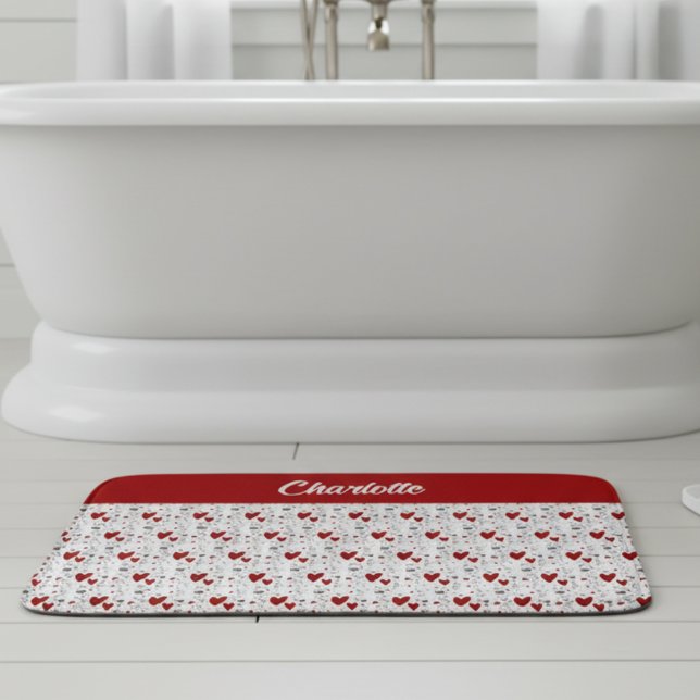 Red Black Doodle Hearts Retro Monogram Name Bath Mat (cute red and black retro hearts theme custom bath mat with name monogram)