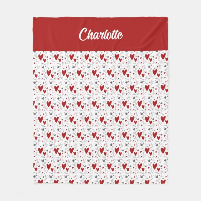 Red Black Doodle Hearts Retro Monogram Name Fleece Blanket (Front)