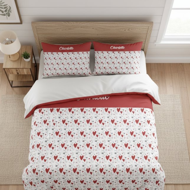 Red Black Doodle Hearts Retro Monogram Name Pillow Case (cute red and black retro hearts theme custom pillowcase with name monogram)