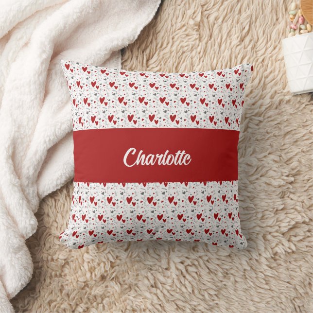 Red Black Doodle Hearts Retro Monogram Name Throw Pillow (Blanket)