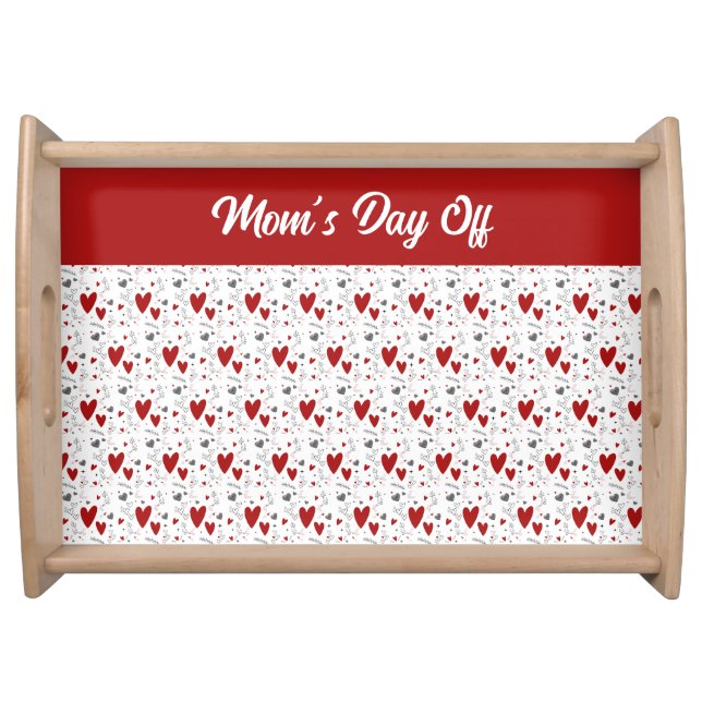 Red Black Doodle Hearts Retro Saying Mom Gift Serving Tray (Front)