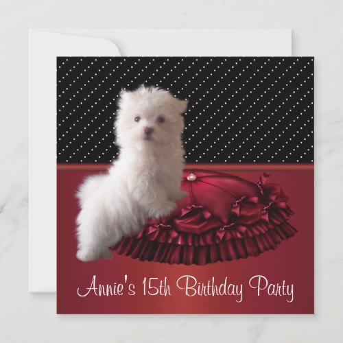 Red Black Dot Puppy 15th Birthday Invitation