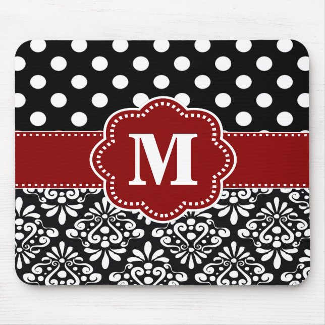 Red Black Dots Damask Monogram Mouse Pad. Mouse Pad (Front)
