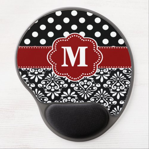 Red Black Dots Damask Monogram Mousepad