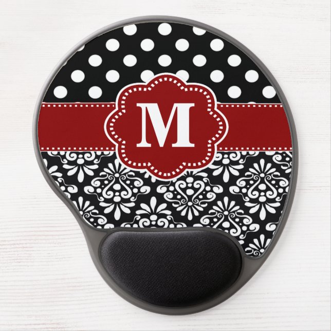 Red Black Dots Damask Monogram Mousepad (Front)