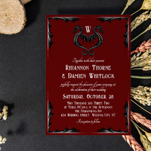 Red Black Dragon Monogram Fantasy Wedding Invitation