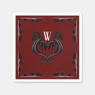 Red Black Dragon Monogram Fantasy Wedding Napkins