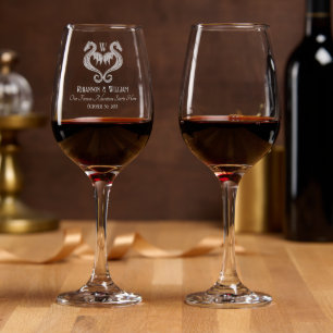 Red Black Dragon Monogram Fantasy Wedding  Wine Glass