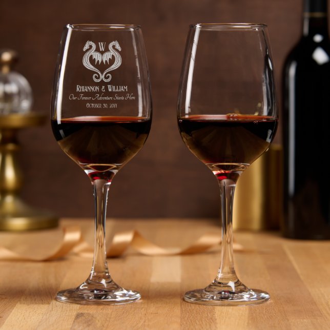 Red Black Dragon Monogram Fantasy Wedding  Wine Glass (Party)