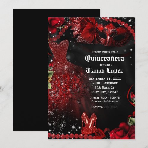 Red &amp; Black Dress Masquerade Quinceañera 15 Party Invitation