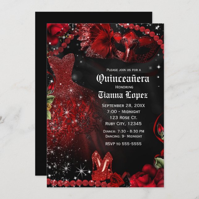 Red & Black Dress Masquerade Quinceañera 15 Party Invitation (Front/Back)