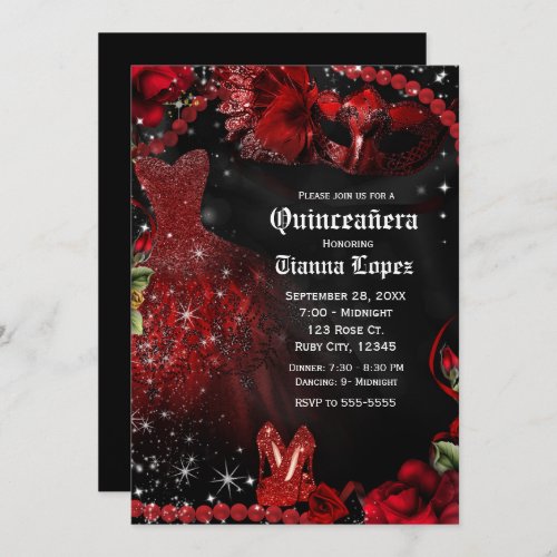 Red  Black Dress Masquerade Quinceaera 15 Party Invitation
