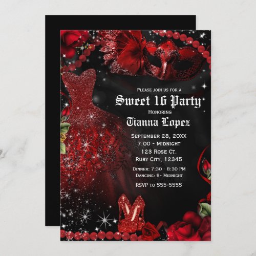 Red Black Dress Masquerade Sweet 16 Birthday Party Invitation