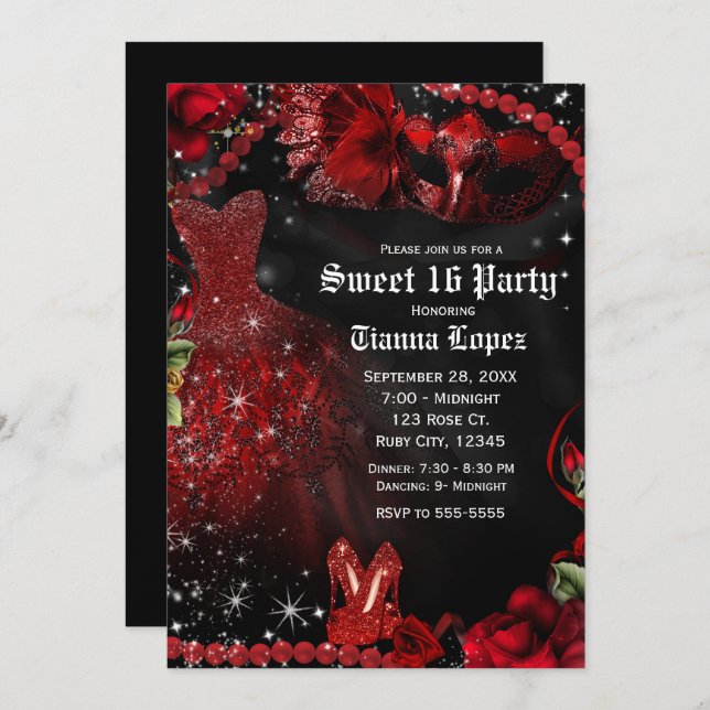 Red Black Dress Masquerade Sweet 16 Birthday Party Invitation (Front/Back)