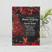 Red Black Dress Masquerade Sweet 16 Birthday Party Invitation (Standing Front)