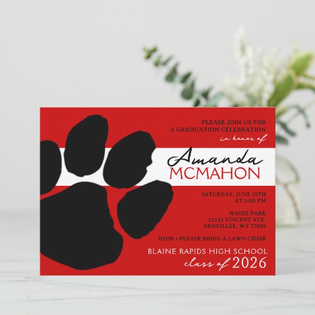 Red & Black Elegant Pawprint (Photo Back) Invitation (Standing Front)