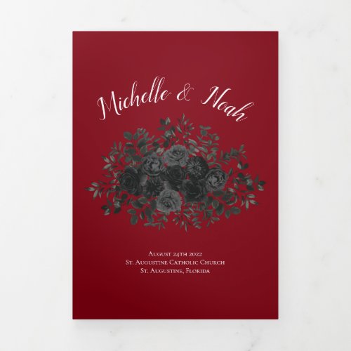 Red Black Elegant Rose Gothic Wedding Tri_Fold Program