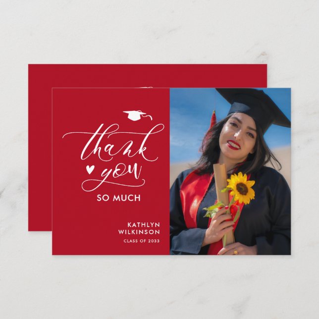 Red Black Elegant Script Minimalist Graduation Thank You Card (Front/Back)