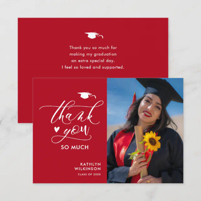 Red Black Elegant Script Minimalist Graduation Thank You Card | Zazzle