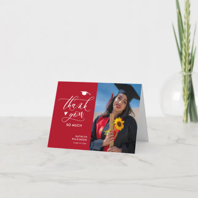 Red Black Elegant Script Photo Simple Graduation Thank You Card | Zazzle