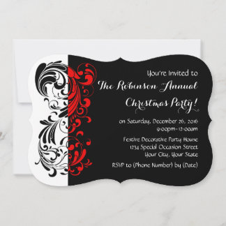 Red+Black Elegant Swirl Holiday Party Invitations