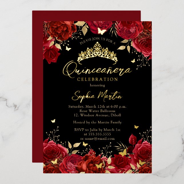 Red Black Enchanting Floral Butterfly Quinceanera Foil Invitation (Front/Back)