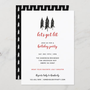 Red & Black Evergreen Tree Pattern Holiday Party Invitation
