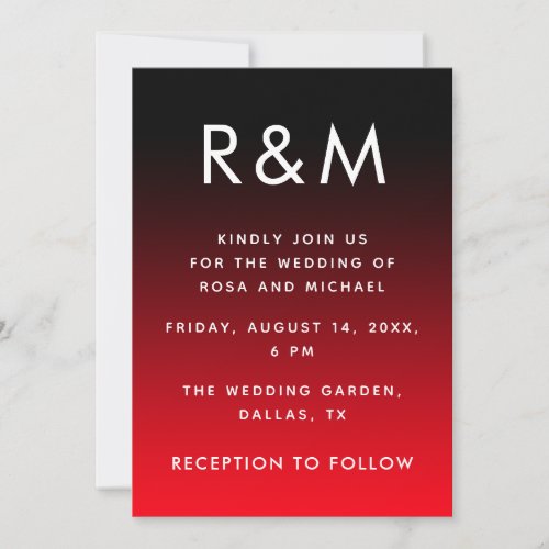 Red Black Fading Ombre Passionate Minimal Monogram Invitation