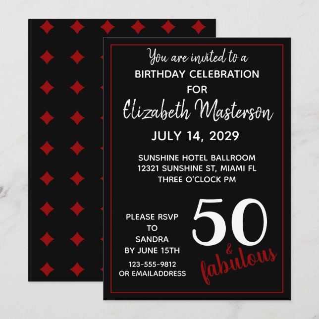 Red Black Fifty and Fabulous 50th Birthday Party Invitation (Front/Back)