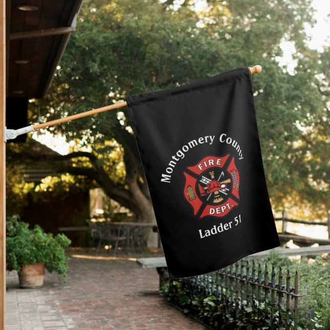 Red & Black Fire Department Logo Custom  House Flag (In SItu)