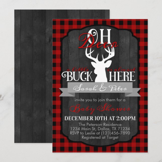 Red Black Flannel Deer Baby Shower Invitation (Front/Back)