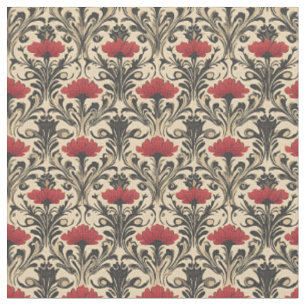Red & Black Floral Art Nouveau on Beige Fabric