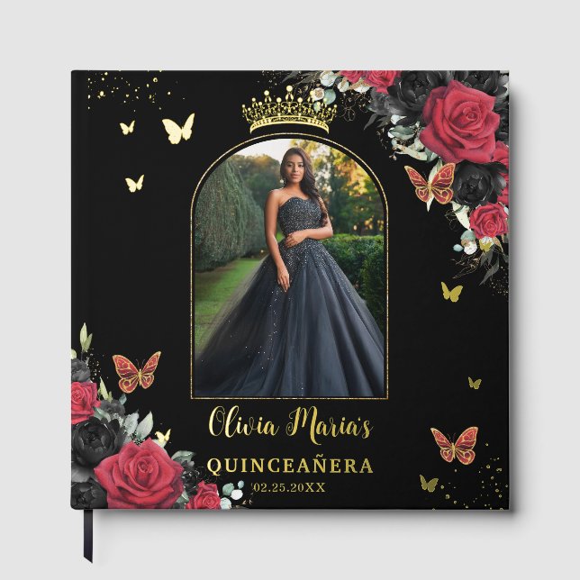 Red Black Floral Butterflies Quinceañera Picture Foil Guest Book (Front)