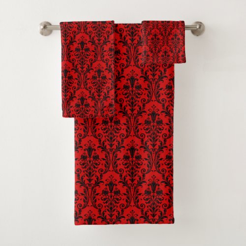 Red  Black Floral Damask 2 Bath Towel Set