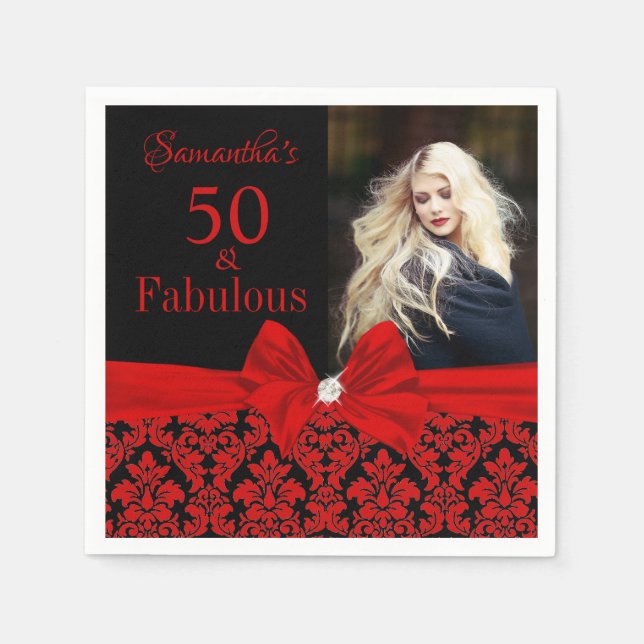 Red Black Floral Damask 50th Birthday Photo Napkins (Front)