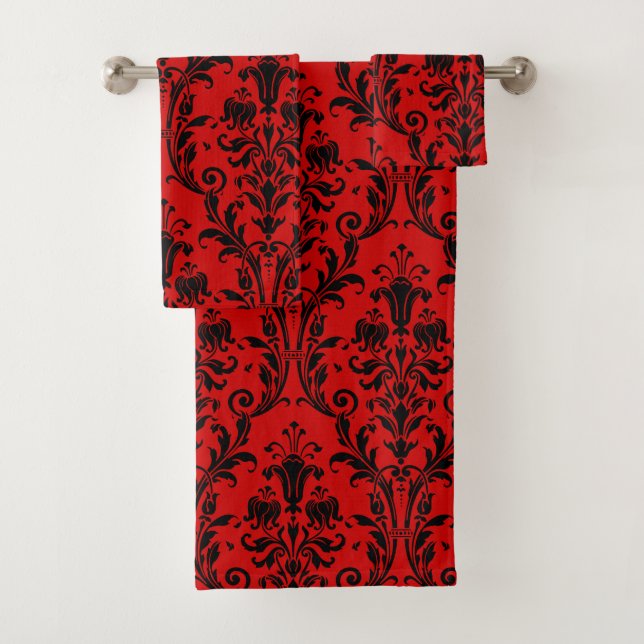 Red & Black Floral Damask Bath Towel Set (Insitu)