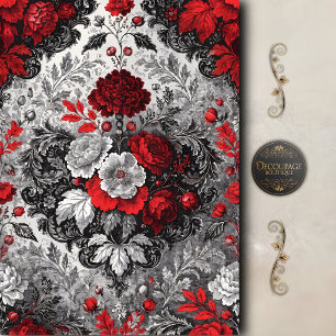 Red Black Floral Damask Decoupage Tissue Paper