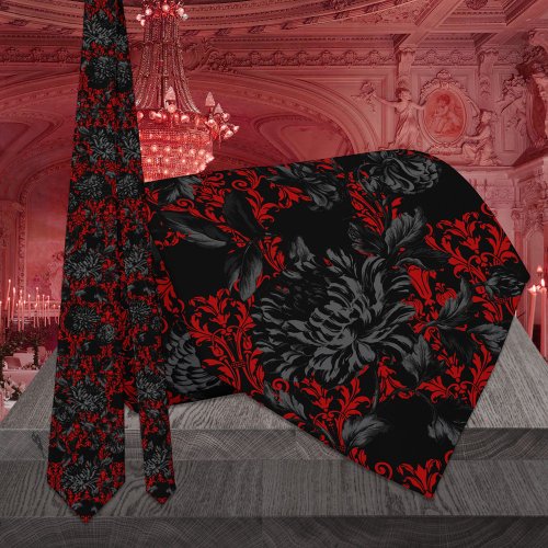 Red  Black Floral Damask Gothic Wedding Neck Tie