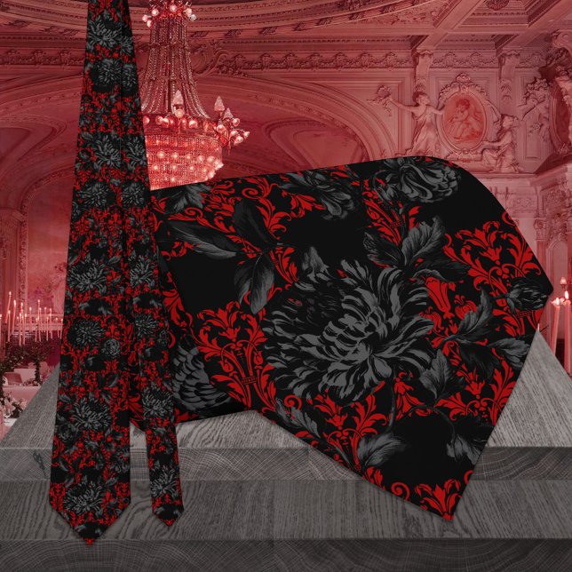 Red & Black Floral Damask Gothic Wedding Neck Tie (Creator Uploaded)