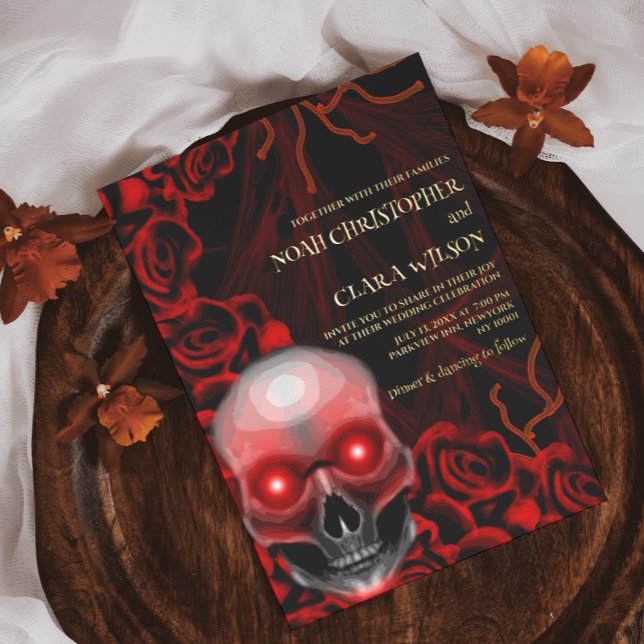 Red Black floral dark moody gothic skull Halloween Foil Invitation (Creator Uploaded)