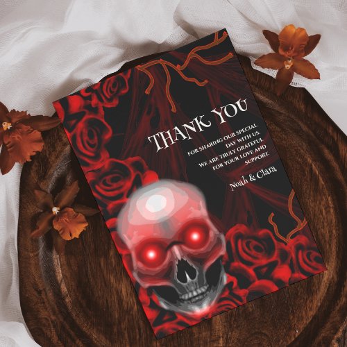 Red Black floral dark moody gothic skull Halloween Thank You Card